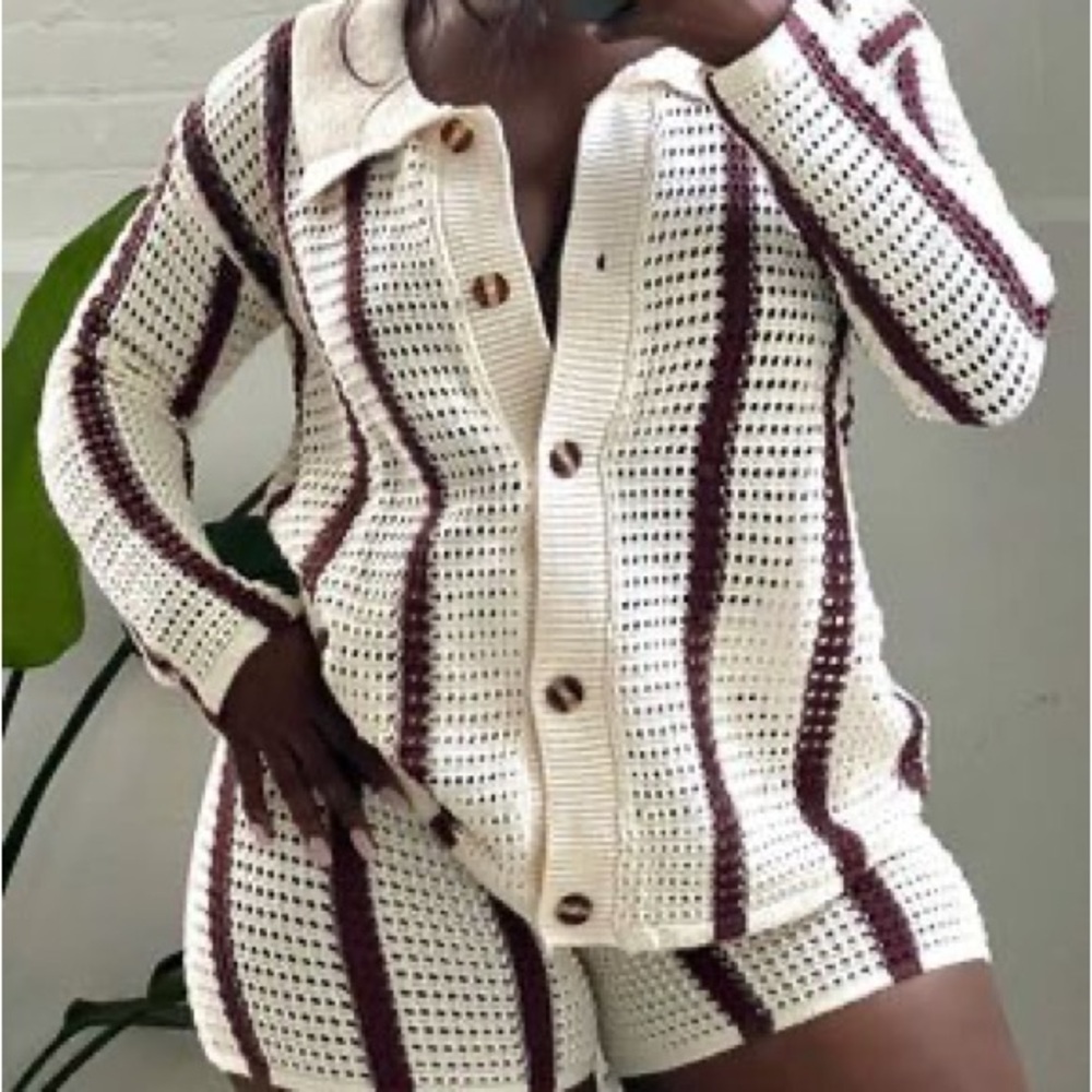 Women’s Knitted Cardigan Long Sleeve Button Up Crochet Striped Cardigan Sweater - Picture 9 of 10